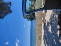 Blick vom Auto aus über die Bucht, Tamariske im Vordergrund